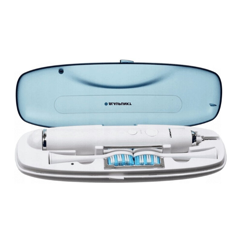 Biała elektryczna szczoteczka do zębów z dwiema główkami w niebiesko-białym etui.