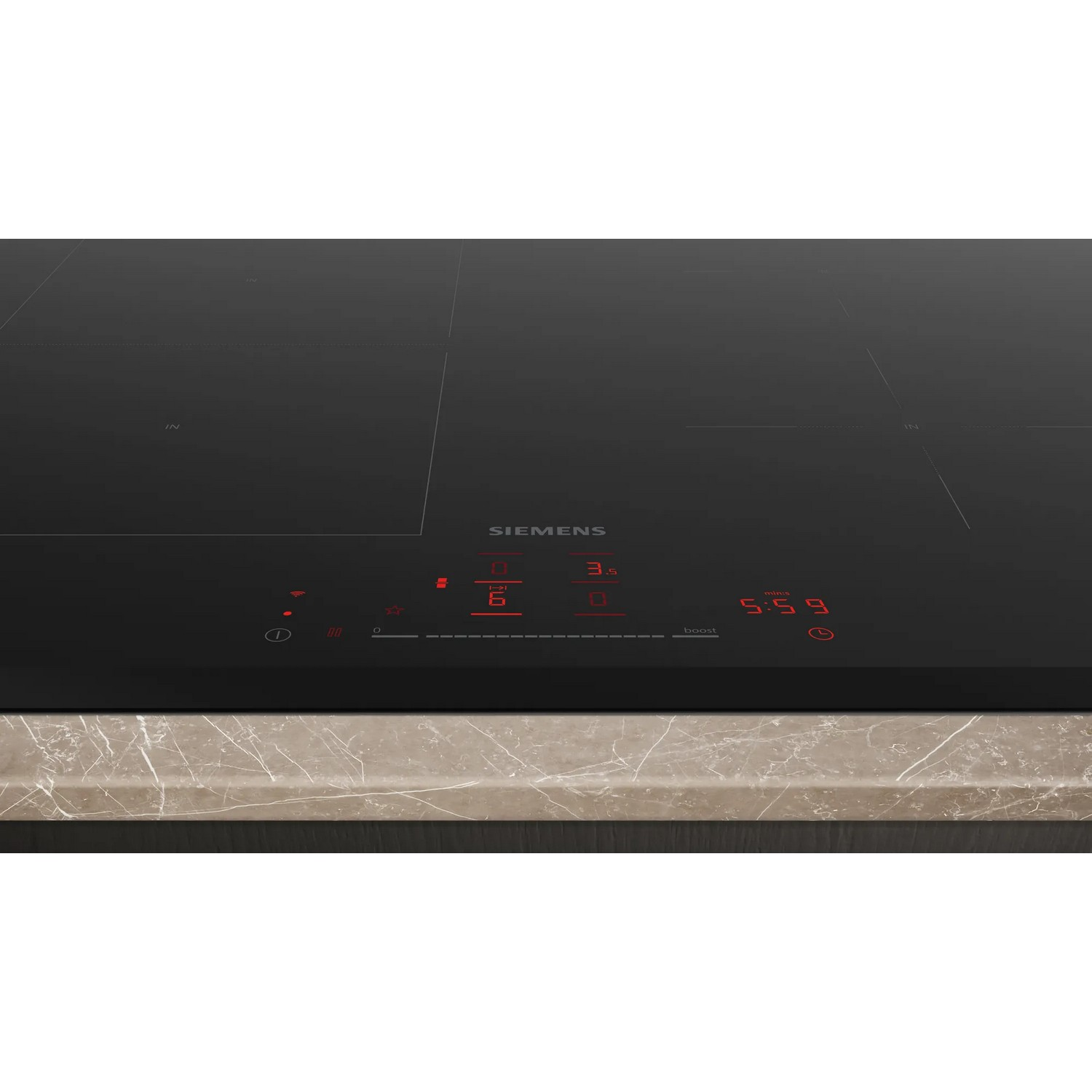 Black induction cooktop with red illuminated controls. The Siemens logo is visible.