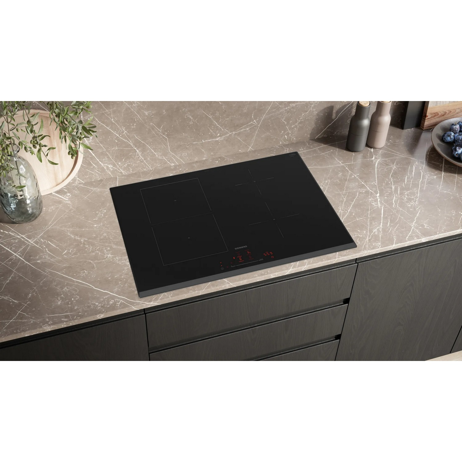 Black induction cooktop on a marble countertop with plants and a cabinet.