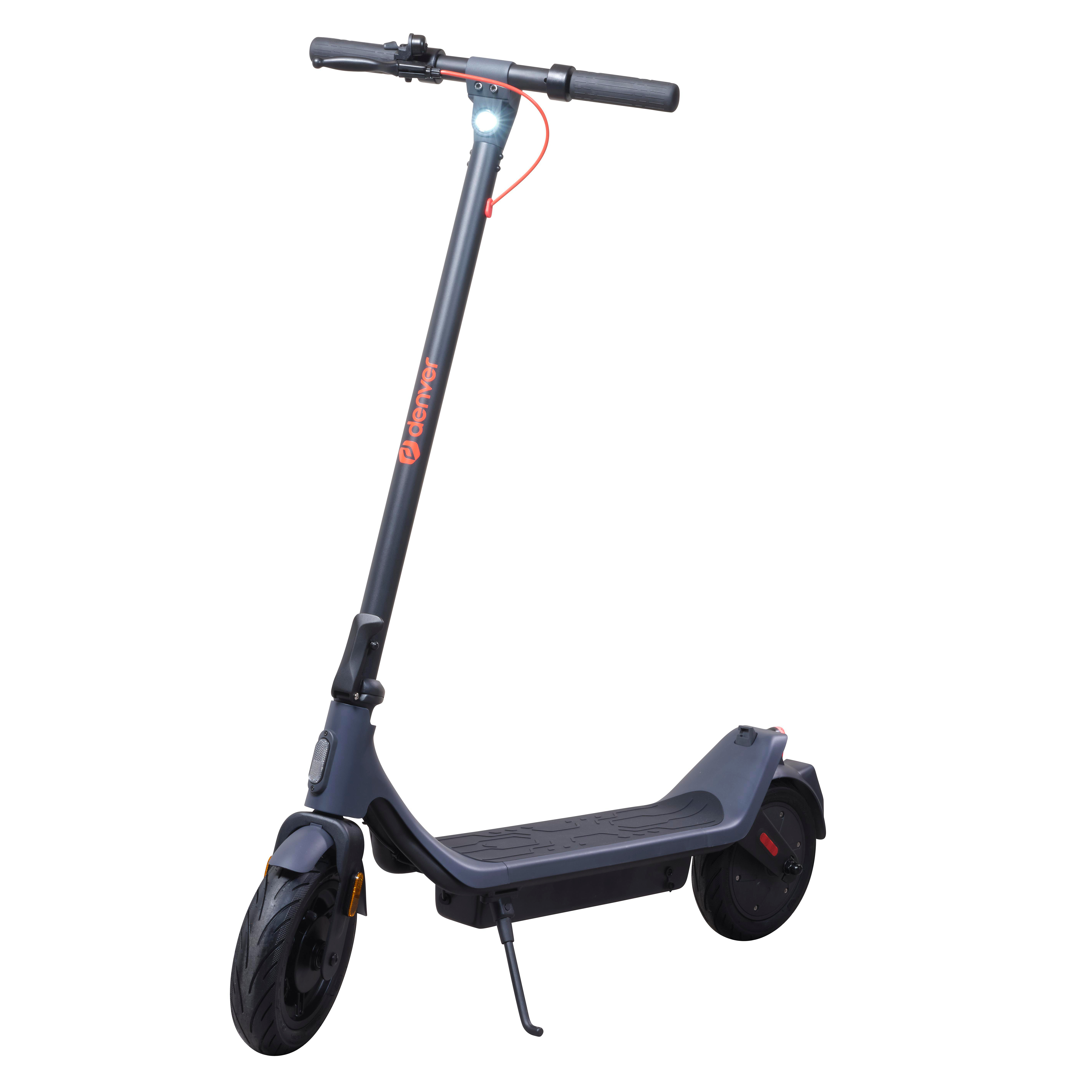 Grauer Elektroroller mit roten Akzenten, schwarzen Reifen und Ständer.