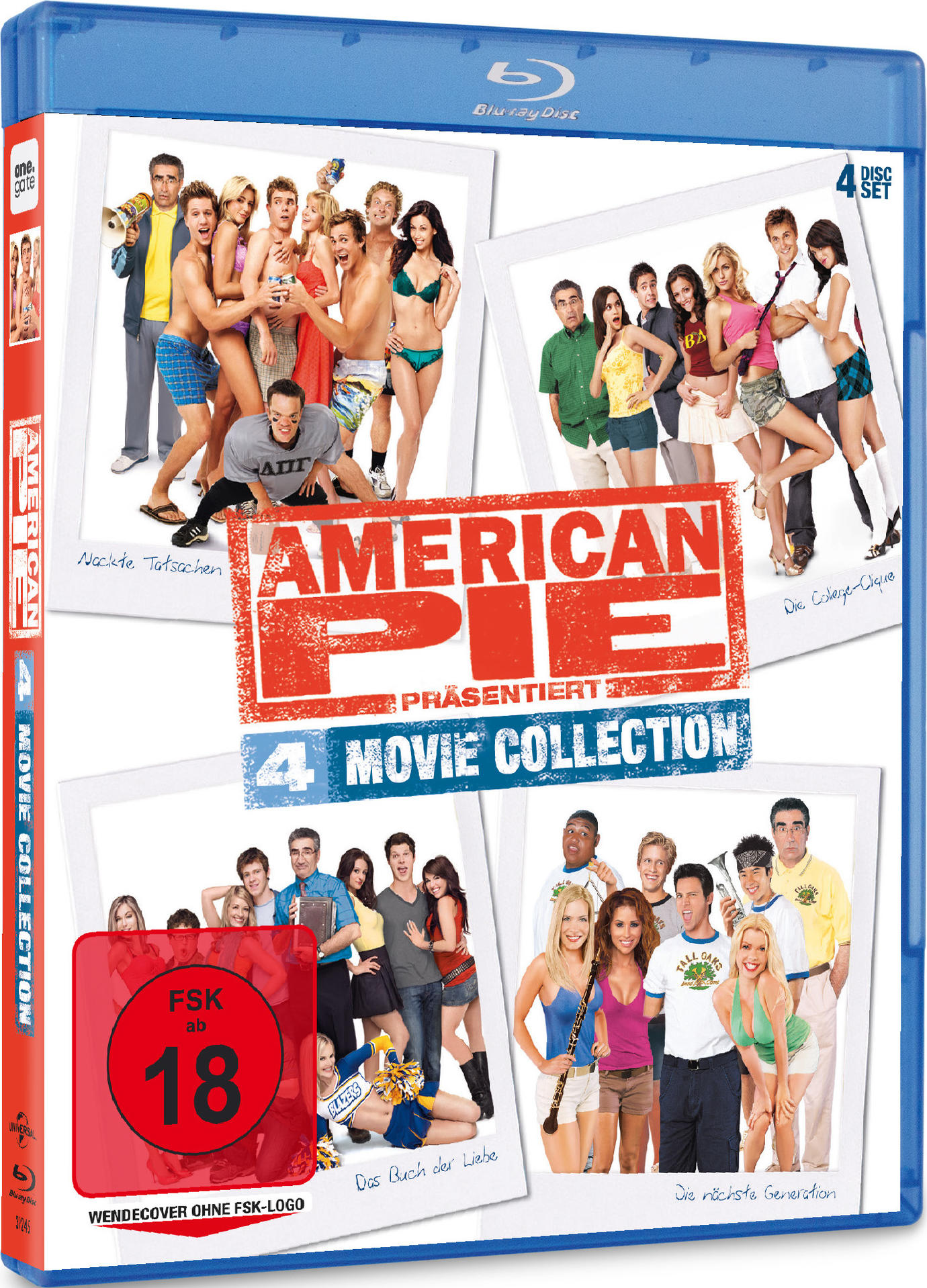 American Pie 4 Movie Collection Blu-ray Box. Zeigt mehrere Personen und Filmtitel.