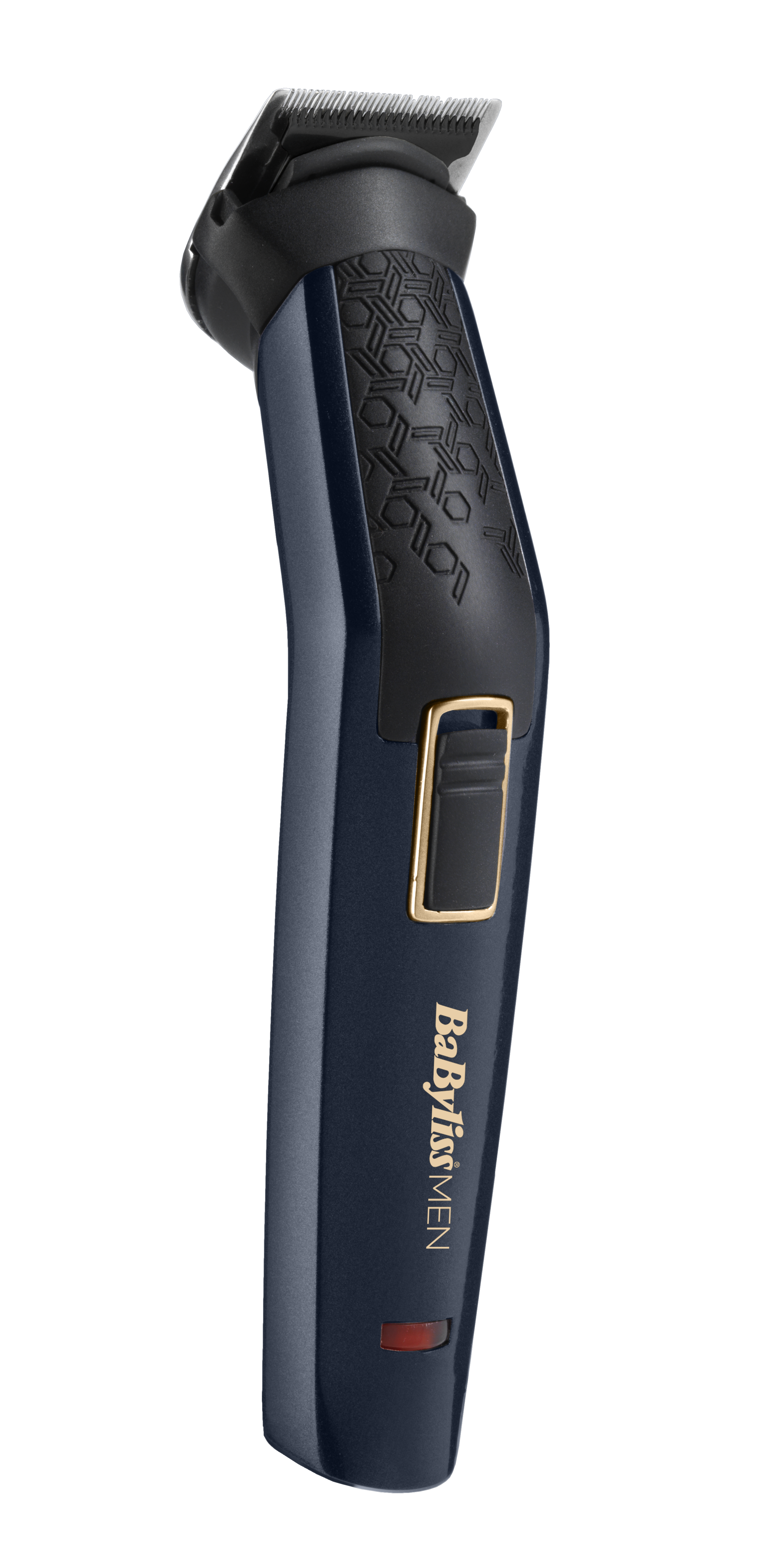 Blau-schwarzer Babyliss-Herrentrimmer. Goldener Knopf und schwarzer Trimmerkopf.