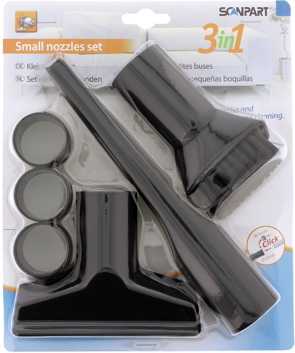 Stofzuiger opzetstukset in een plastic verpakking. Bevat mondstukken en borstels. De verpakking heeft een merklabel.