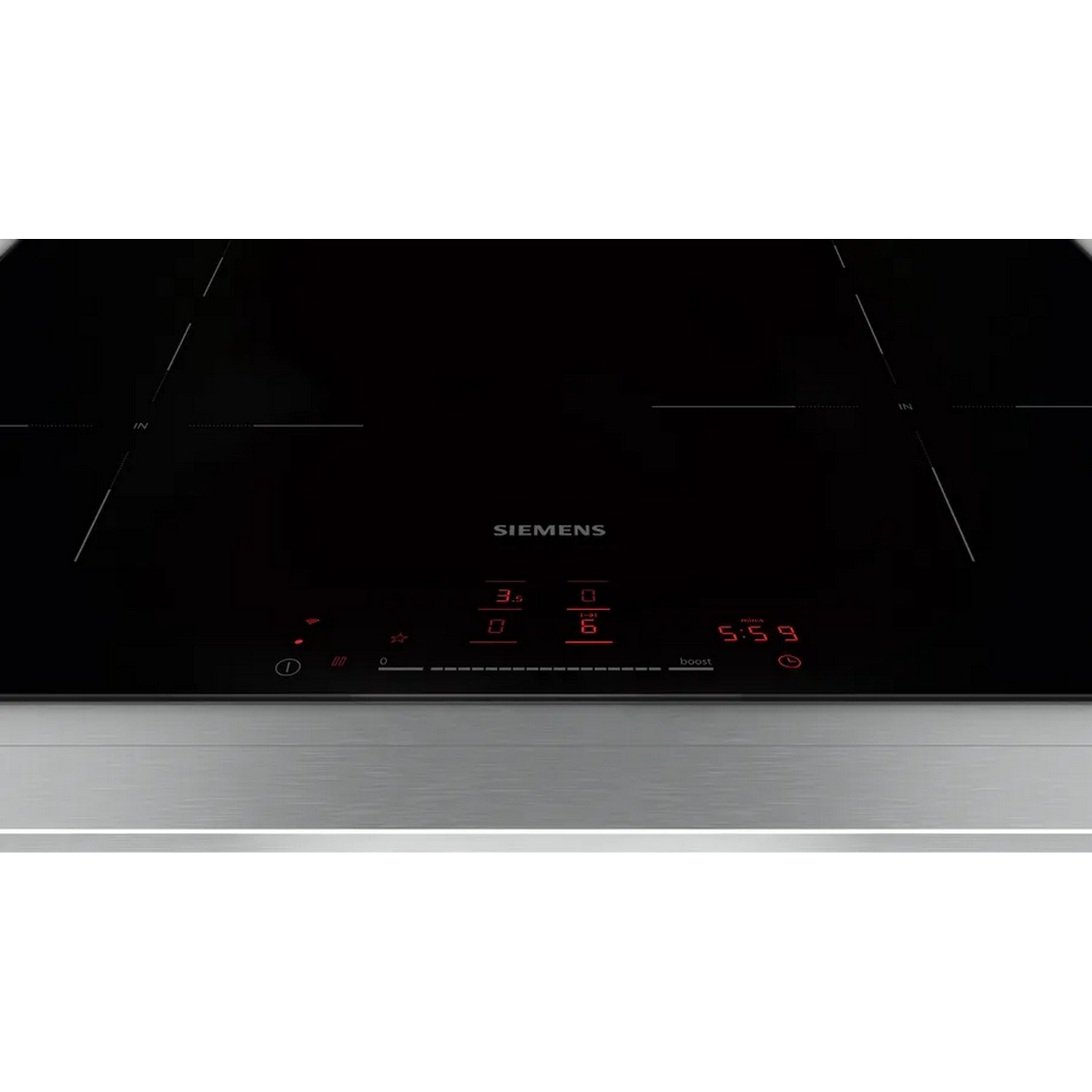 Black glass induction cooktop with red digital display and silver base.