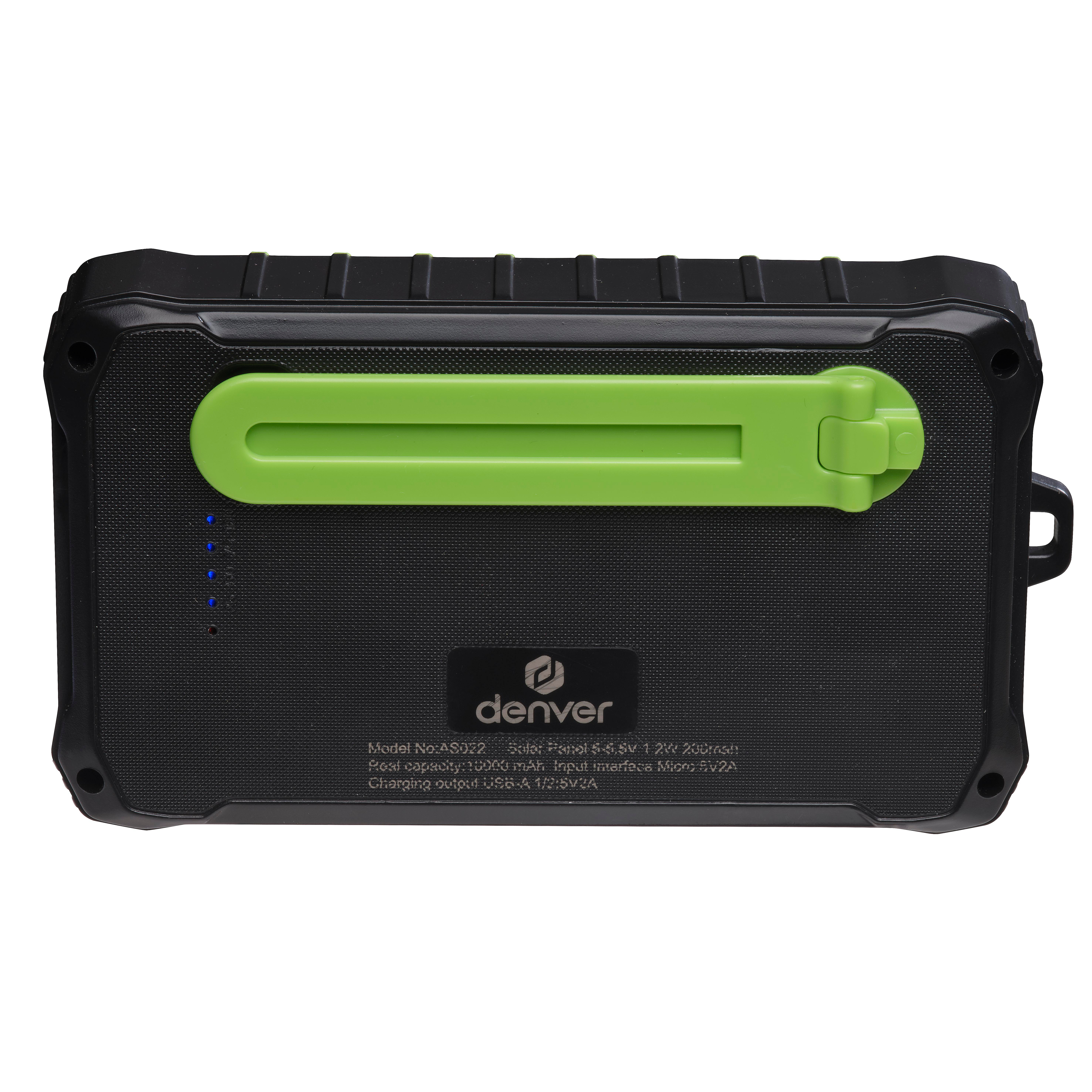 Schwarze und grüne Powerbank mit grünem Griff und vier blauen Kontrollleuchten. Texte befinden sich auf dem Gerät.