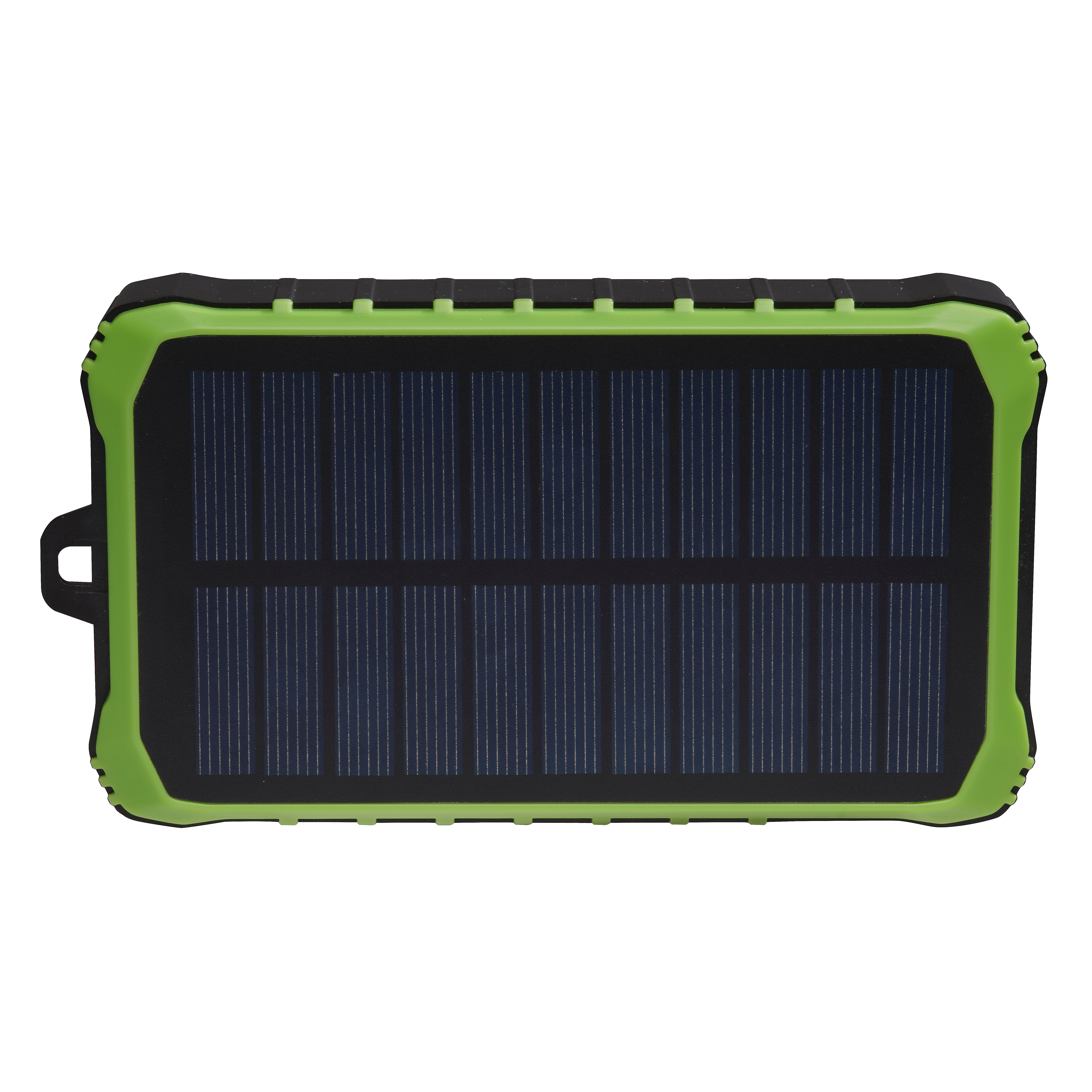 Schwarzes und grünes Solarpanel mit dunkelblauen Solarzellen, robustes Design.