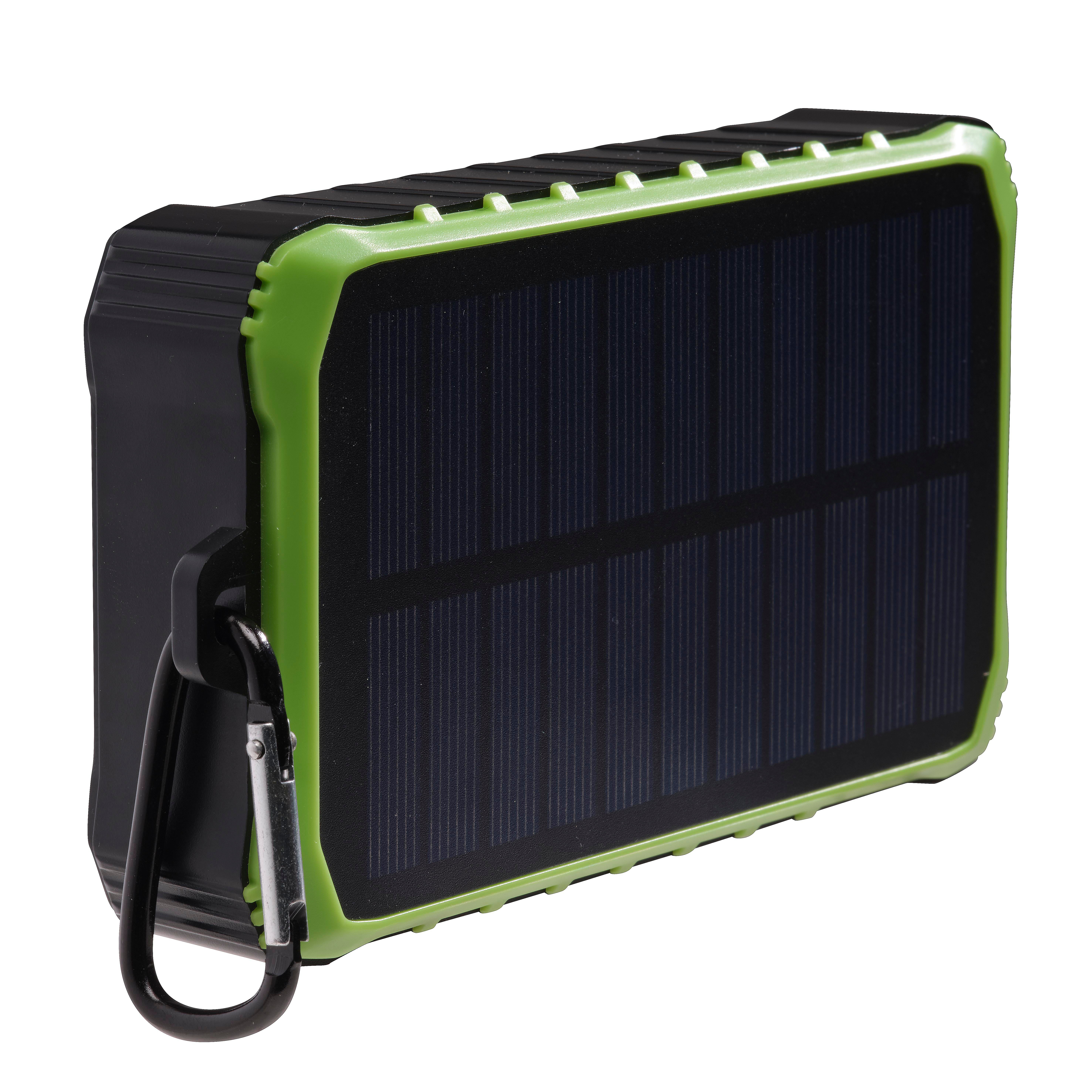 Ein schwarzes und grünes Solar-Ladegerät mit einem Karabiner.