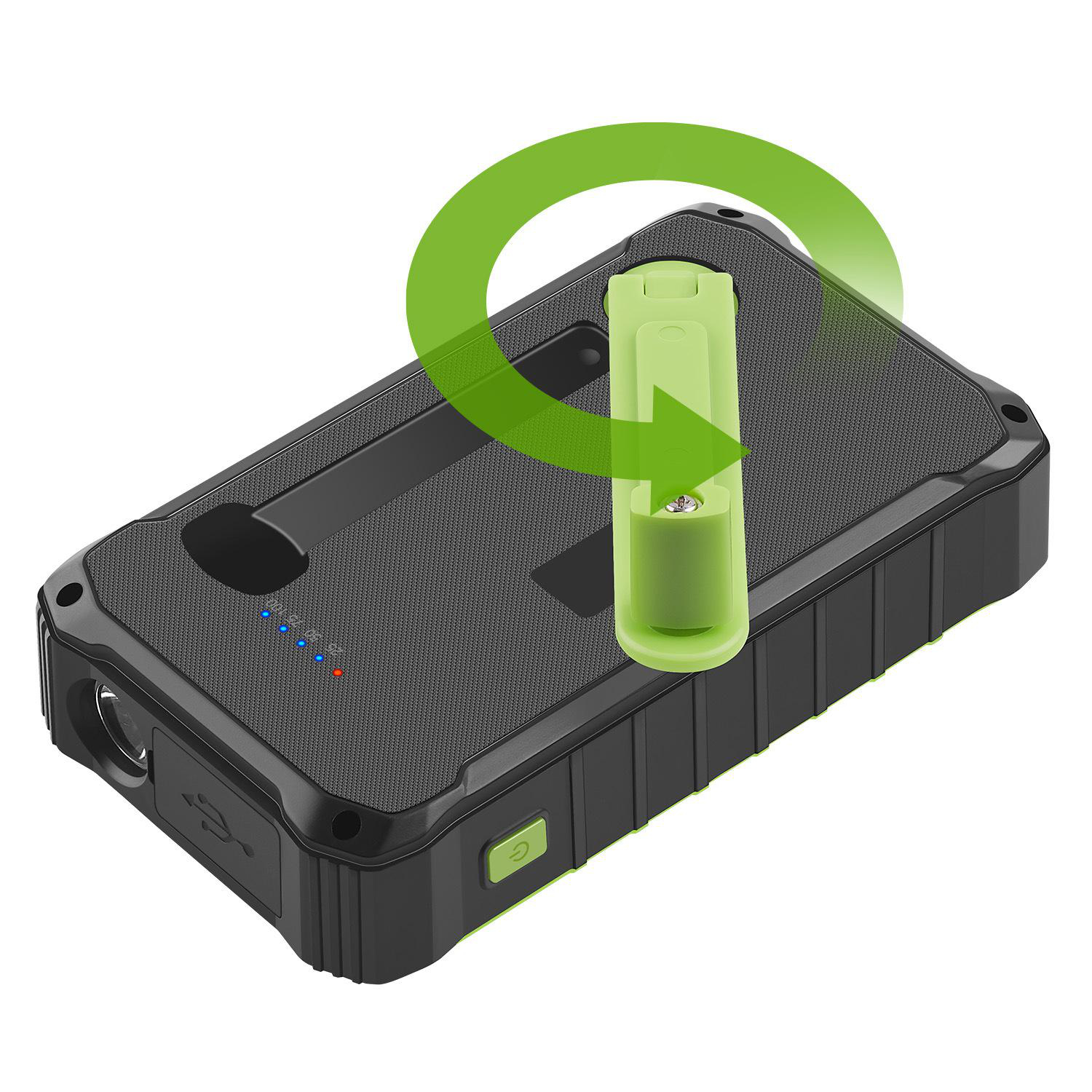 Schwarze und grüne tragbare Powerbank mit grünem Drehgriff und Lichtindikatoren.