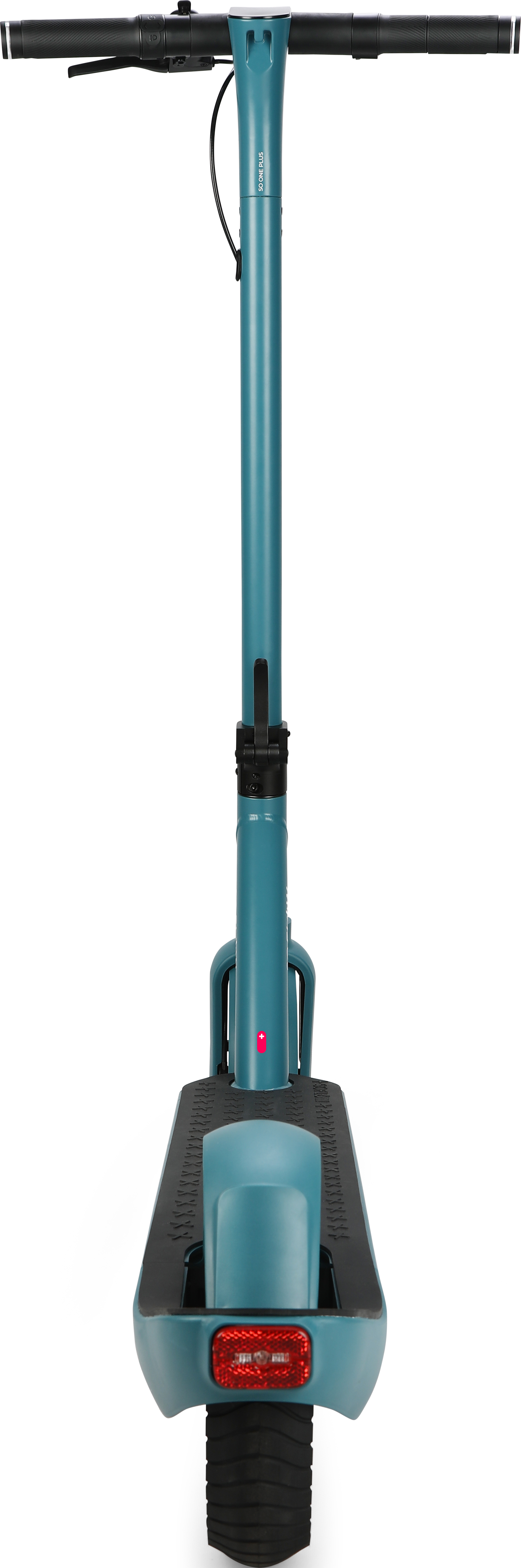 Blauer Roller, schwarze Akzente. Lenker, Vorbau und Deck sind sichtbar. Rotes Licht hinten.
