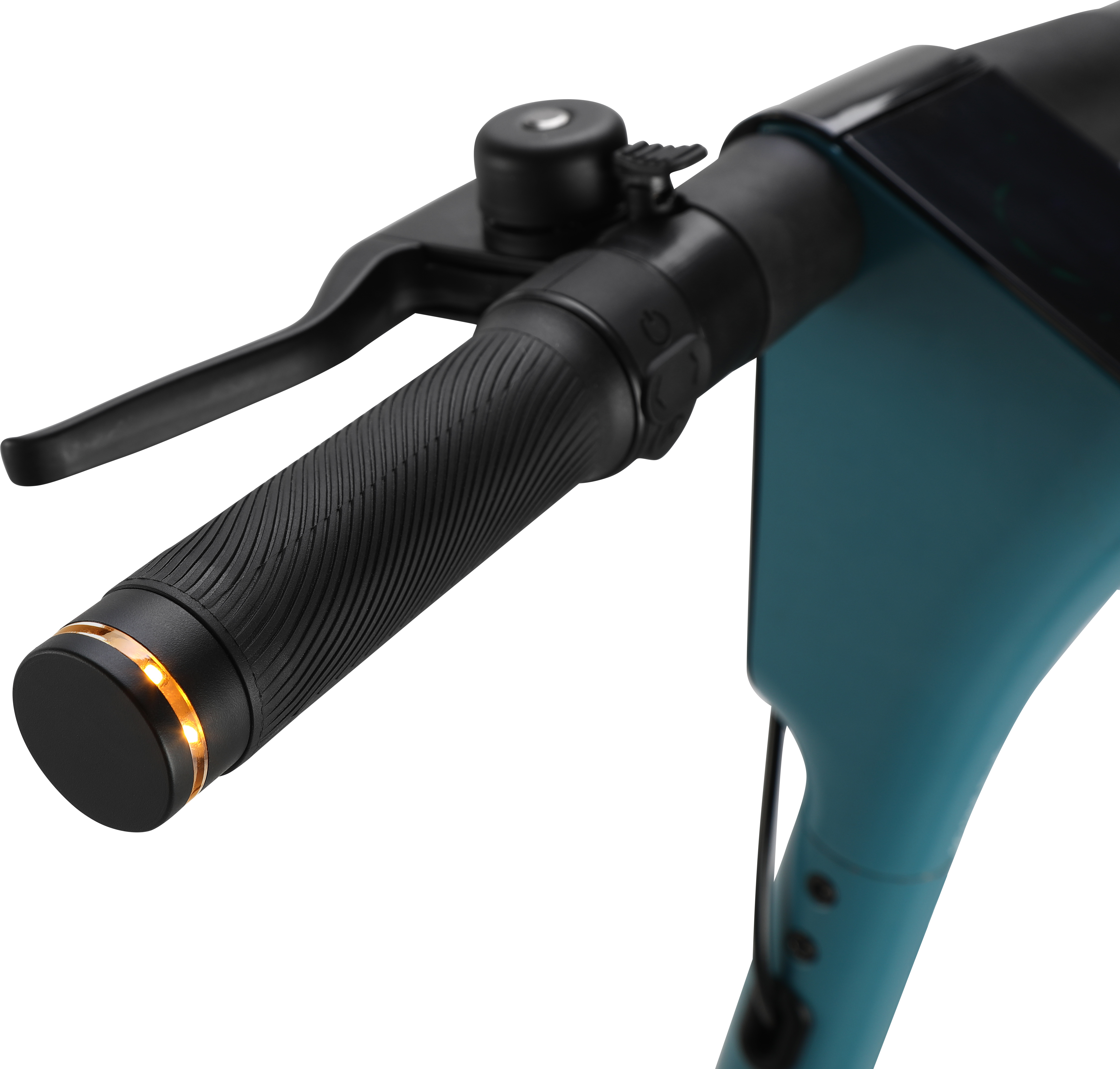 Nahaufnahme des Lenkers eines türkisblauen SoFlow-Rollers, mit Handgriff und Klingel.