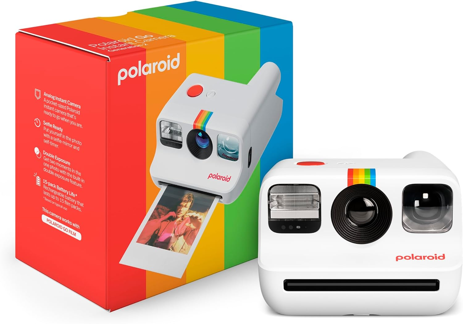 Cámara Polaroid Go con caja. La cámara es blanca con una raya arcoíris. La caja es multicolor.
