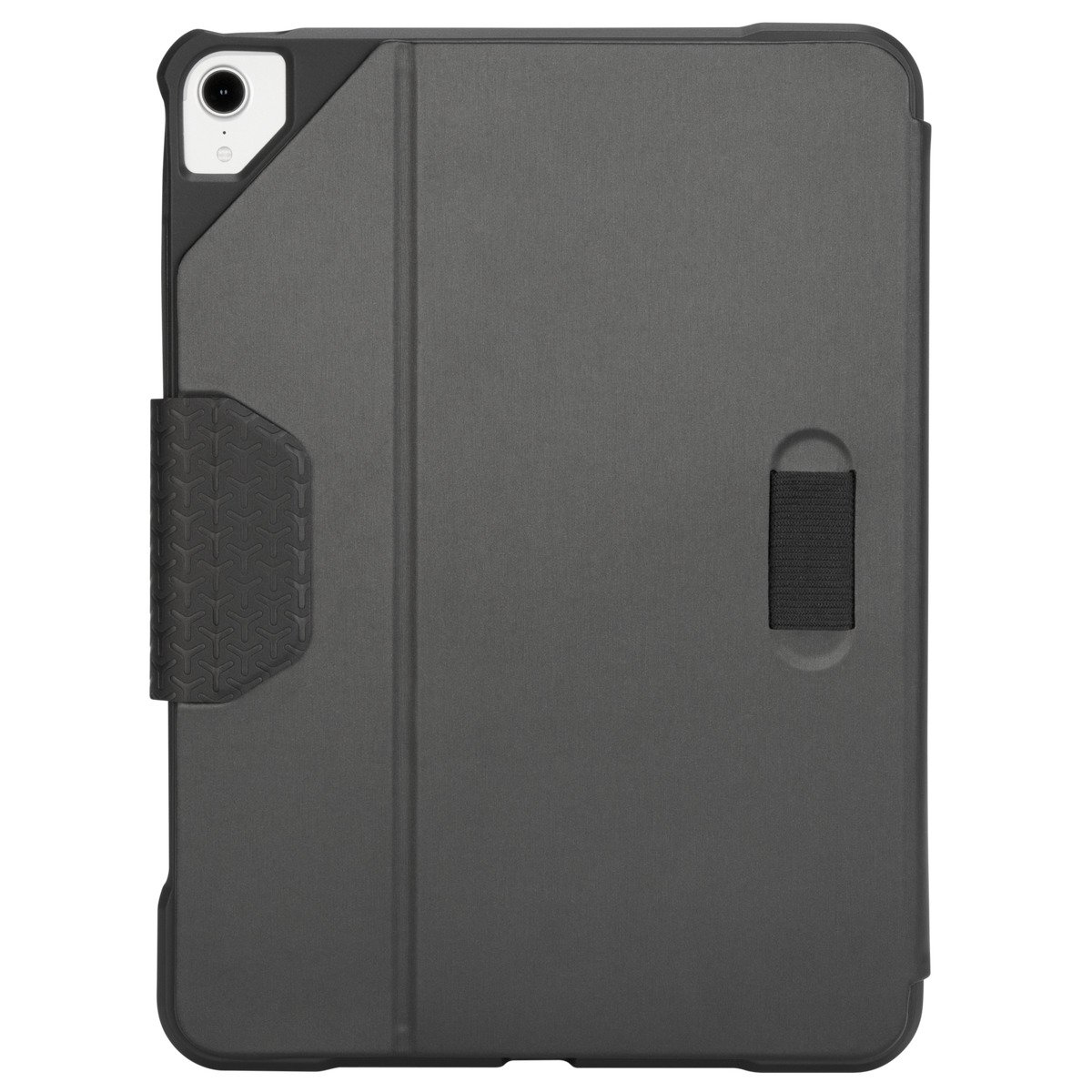 Funda gris para tableta con solapa y correa de mano negra.