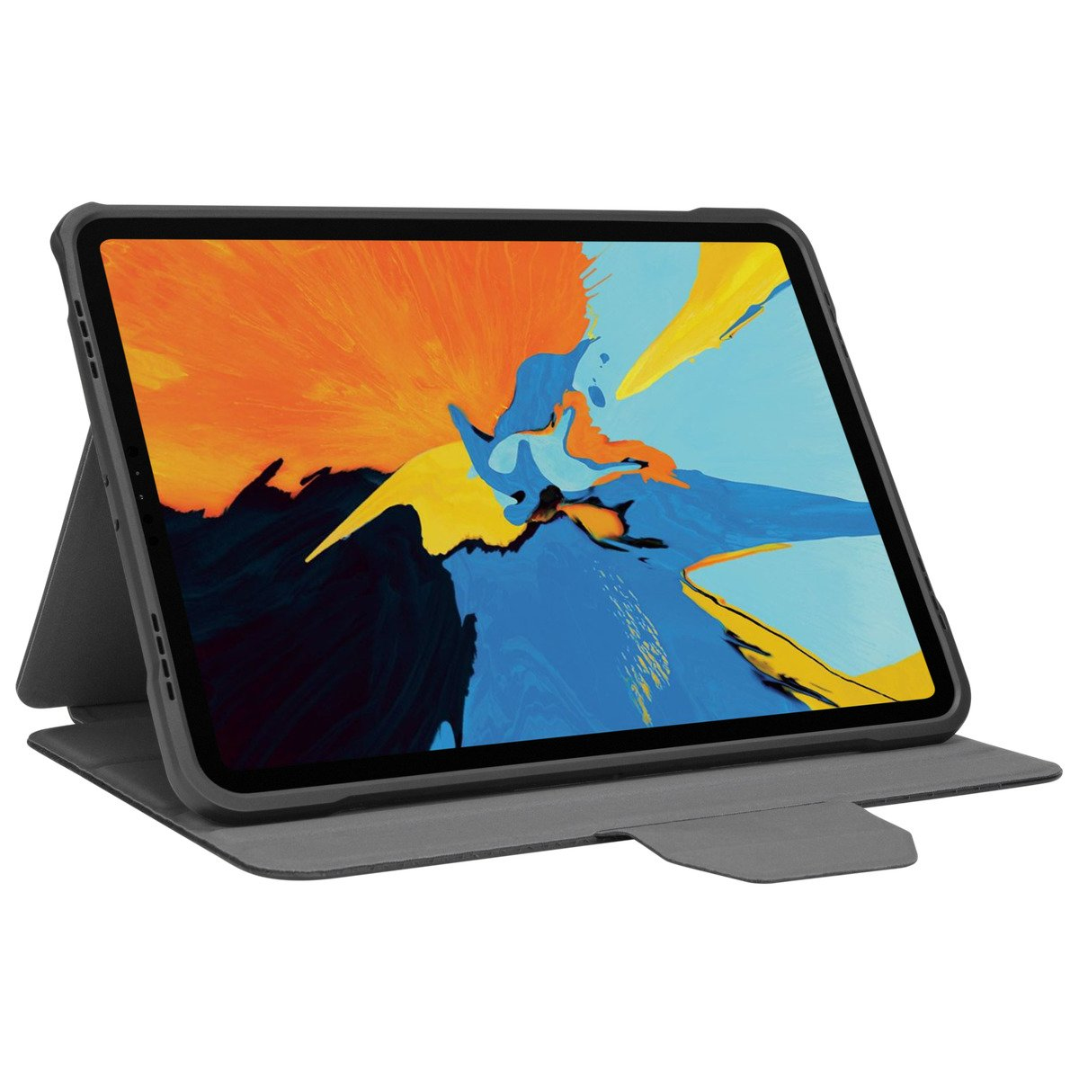 Tableta en una funda gris, con una imagen abstracta colorida en la pantalla.
