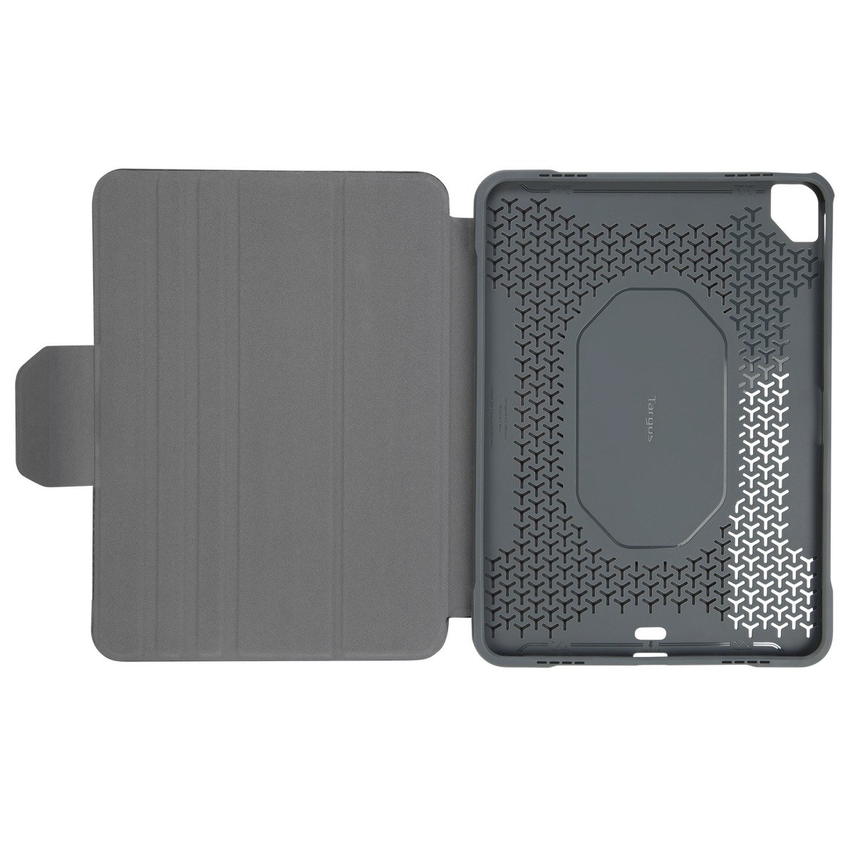 Una funda gris para tableta, abierta para mostrar el interior de la tableta. La cubierta frontal está a la izquierda.