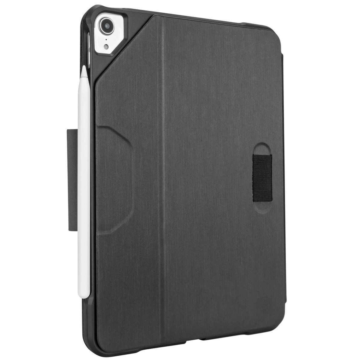 Funda negra para iPad con portalápices y bolígrafo, cerrada. Fondo gris.