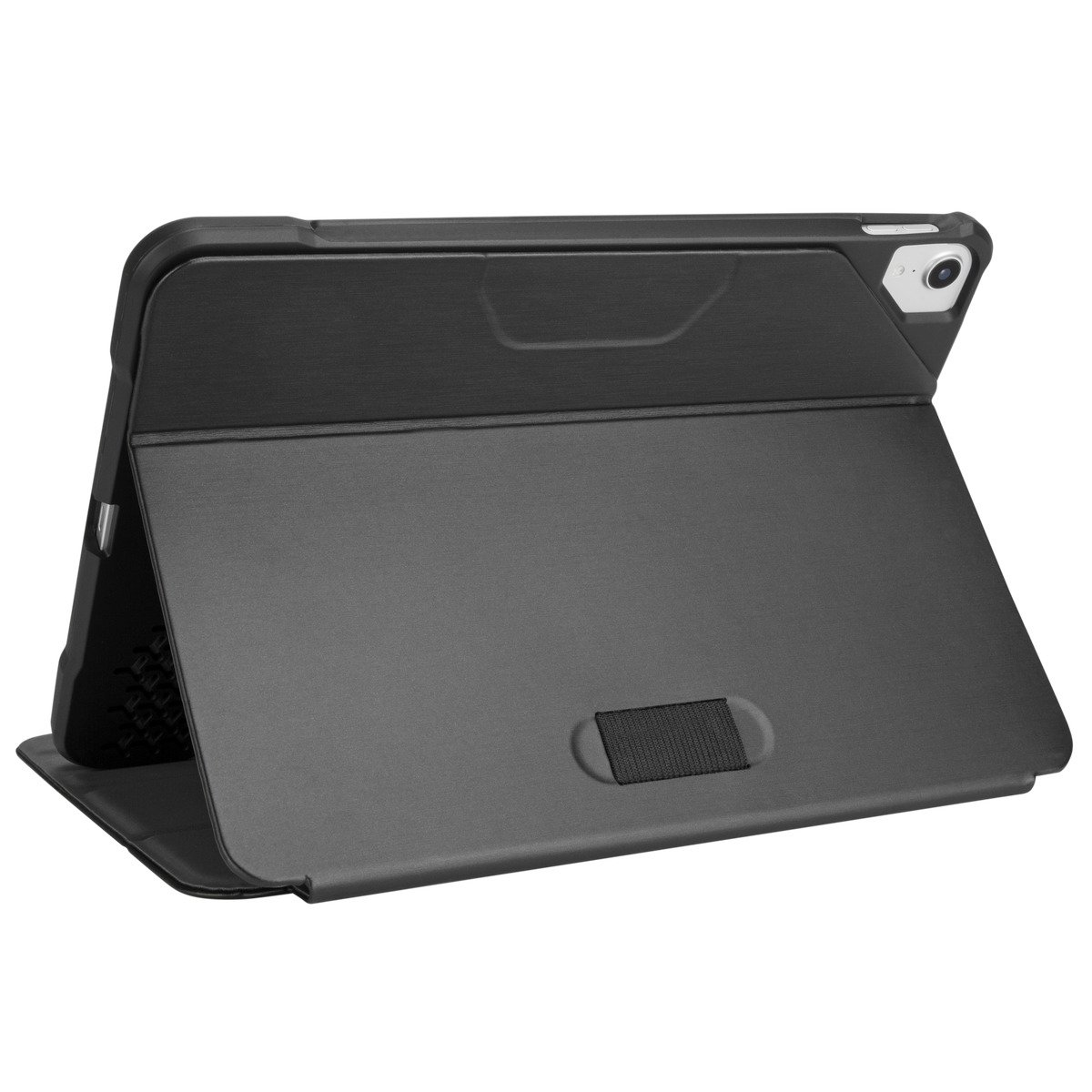 Funda negra para iPad, abierta, con soporte y portalápices.