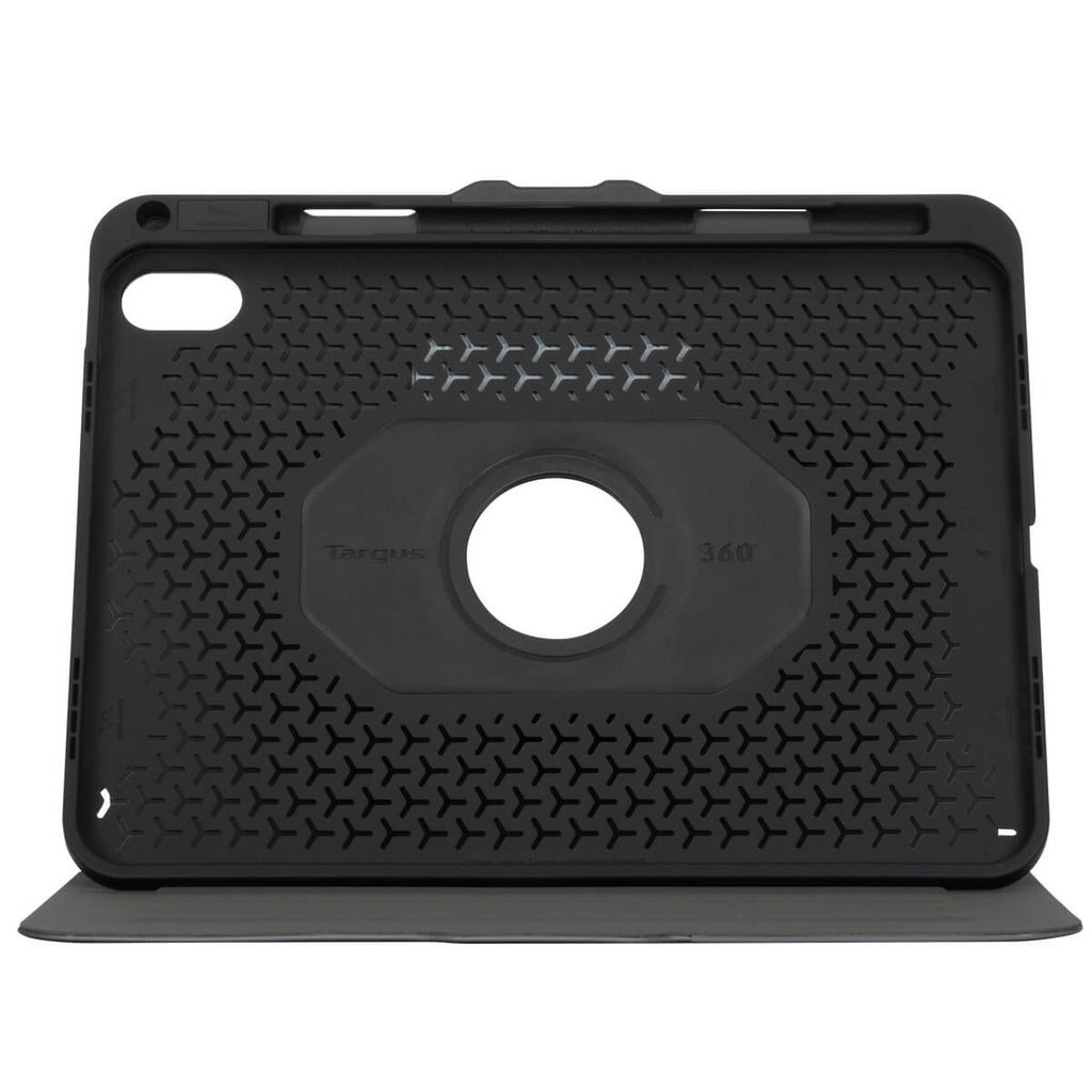 Una funda Targus para iPad de color negro. La funda está abierta, mostrando el forro interior y la ranura.