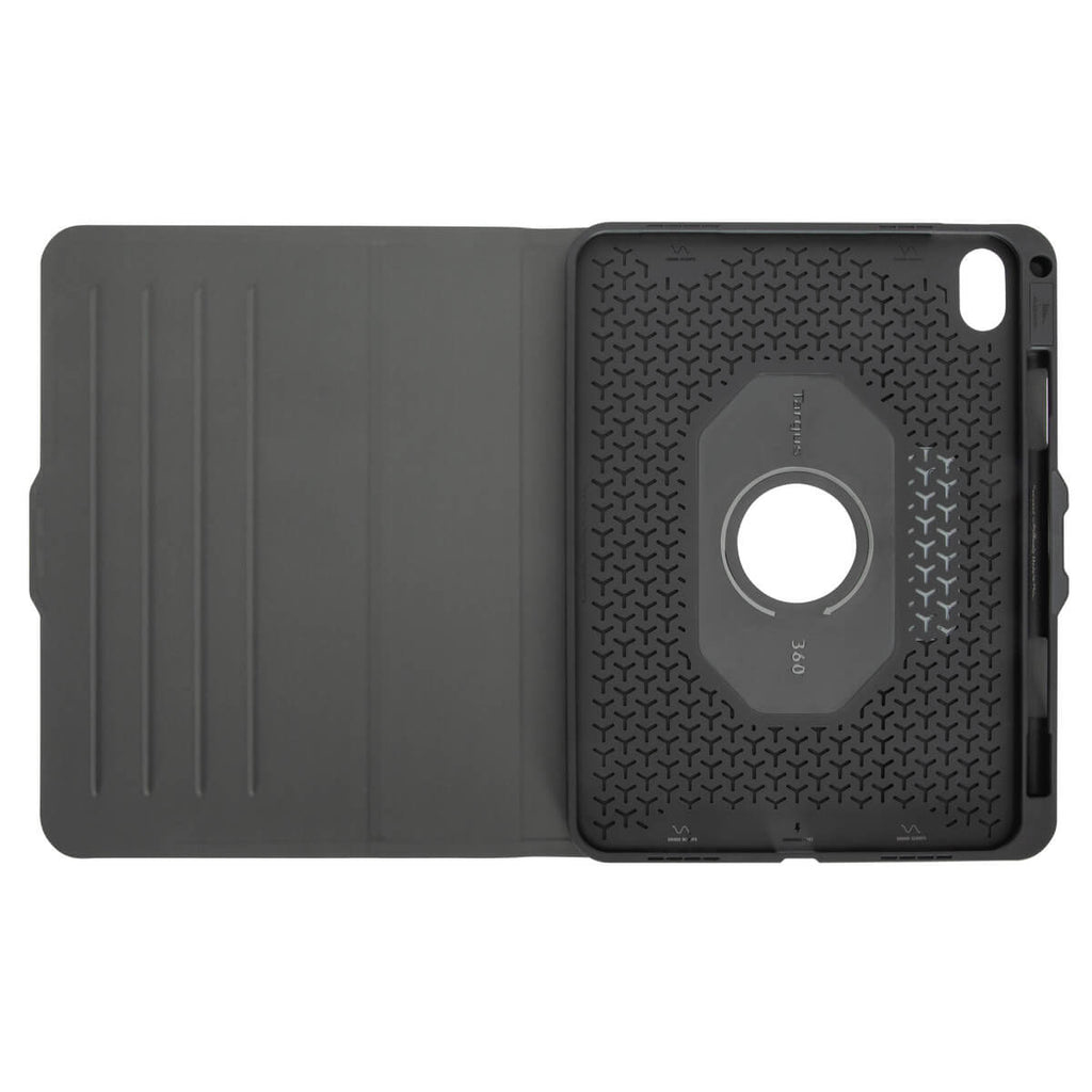 Funda de tableta abierta, con el interior visible. Color gris oscuro.