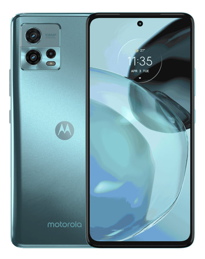 Turkusowy smartfon Motorola, pokazujący tył i przód. Ekran pokazuje niebieskie tło z godziną.