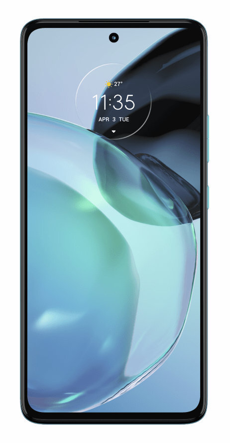 Smartfon z jasnoniebieskim ekranem pokazującym godzinę i datę. Turkusowe krawędzie.