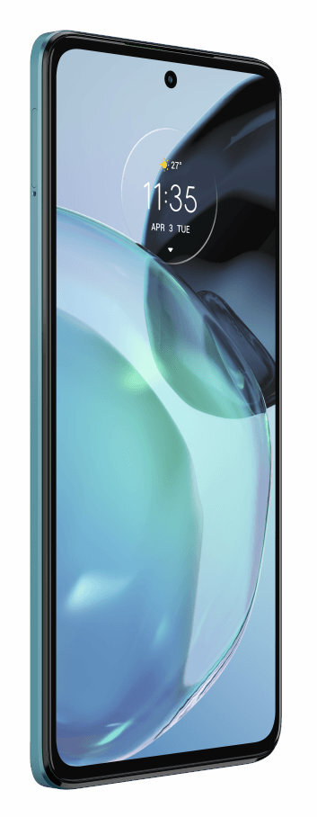 Turkusowy smartfon Motorola z zakrzywionym ekranem.