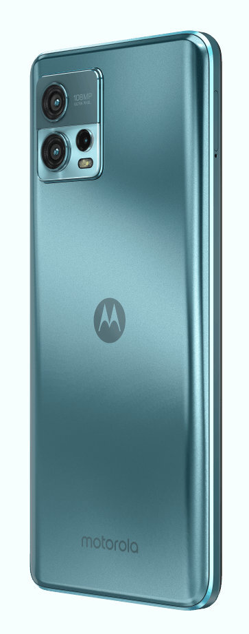 Tył turkusowego telefonu Motorola z widocznym modułem aparatu i logo.