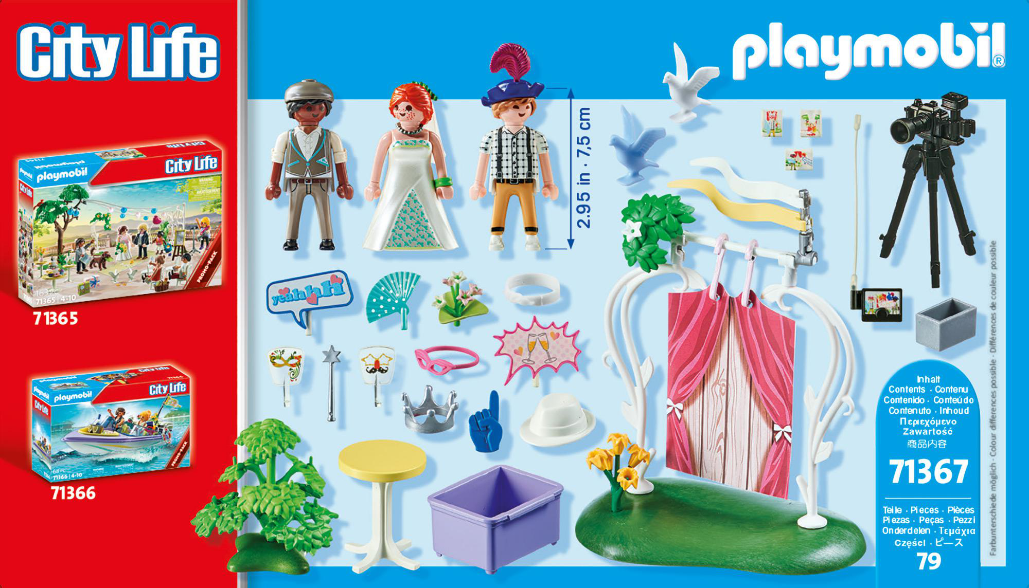 Playmobil-Set mit Figuren, Zubehör und Kartons. Enthält ein Hochzeitsthema und Elemente des Stadtlebens.
