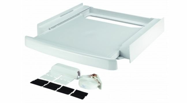 Biała szuflada pralki. Zawiera wysuwaną tacę i kilka małych części.