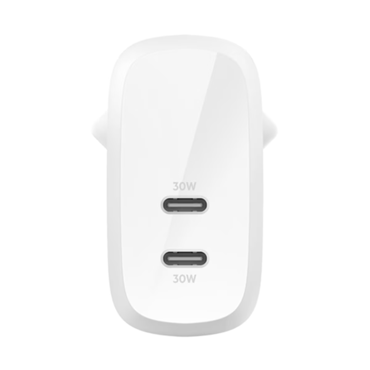 Un adaptador de corriente blanco de 30 W con dos puertos USB-C.