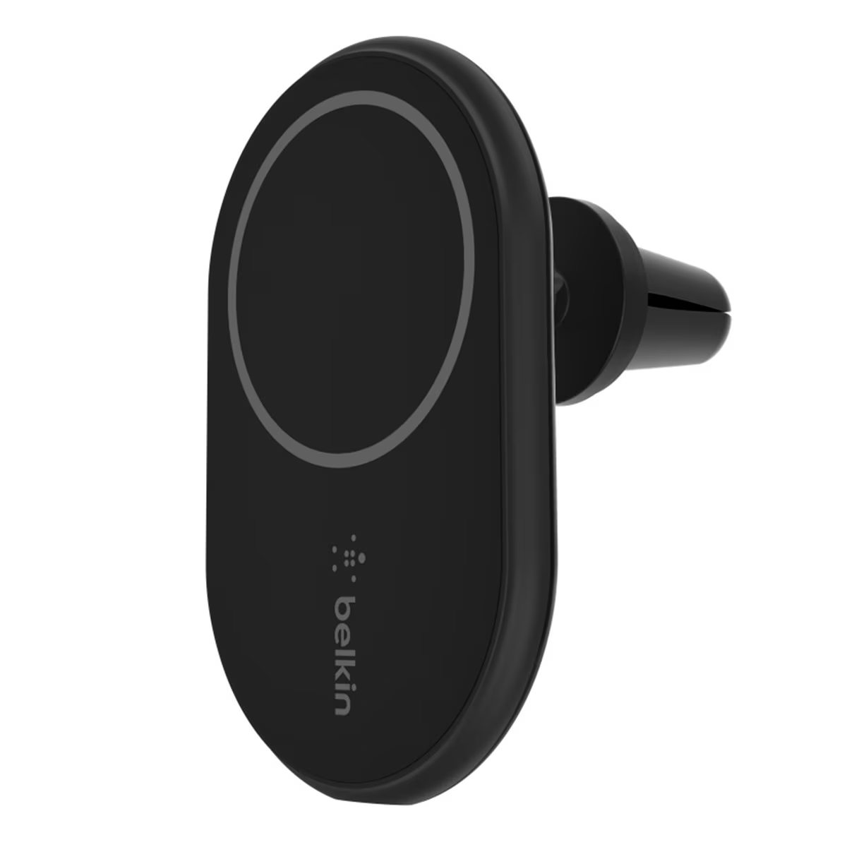 Soporte de teléfono Belkin negro para ventilación de coche. Forma ovalada y logo Belkin.
