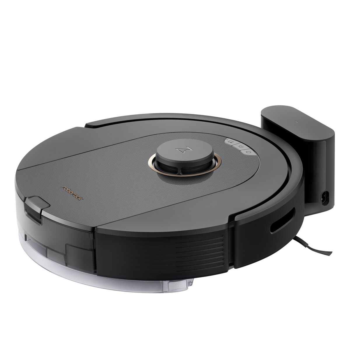 Una aspiradora robot negra y gris.