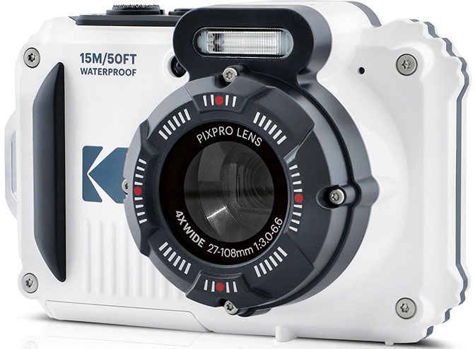 White and black waterproof camera with lens and buttons. Reads 15M/50FT waterproof.