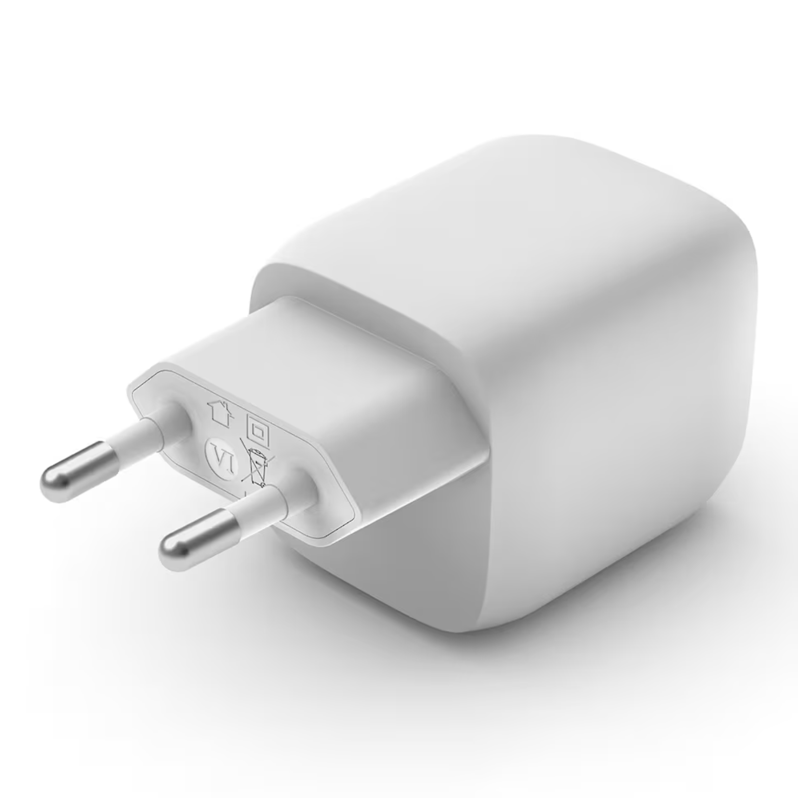 Adaptador de corriente blanco con dos clavijas plateadas.