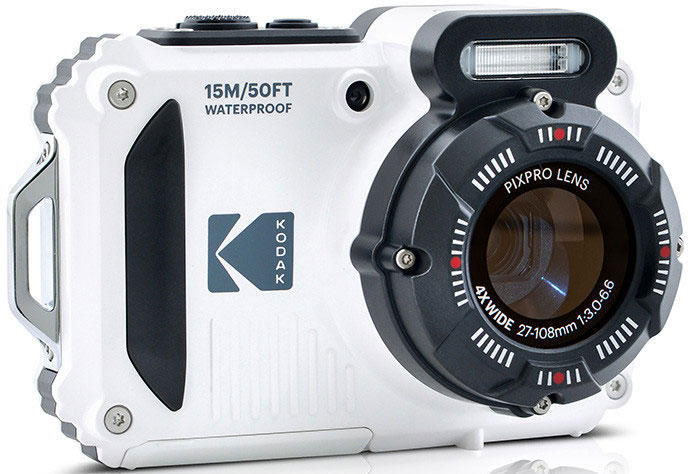 White and black waterproof camera with a lens and the Kodak logo.