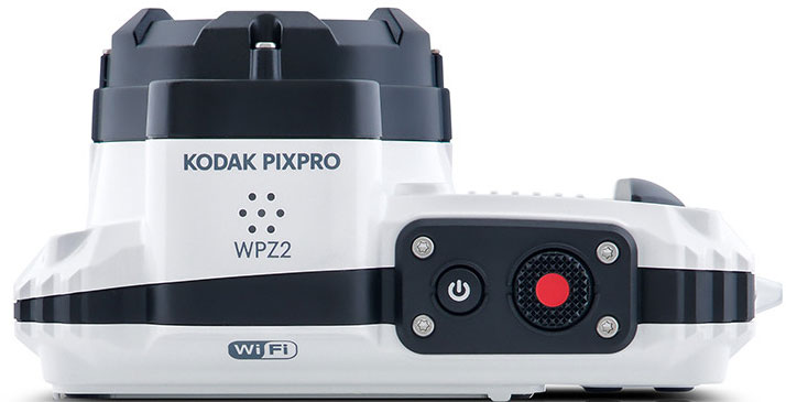 White and black Kodak Pixpro camera with buttons and a red button.