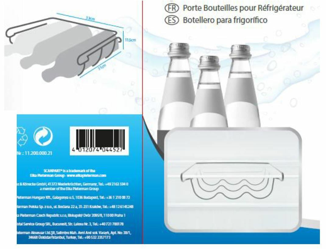 Butelki w stojaku na drzwiach lodówki. Trzy butelki wody w uchwycie. Tekst: 'Porte Bouteilles', 'Botellero'.