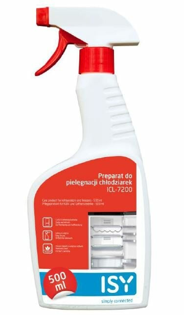 Biała butelka z rozpylaczem z czerwonymi detalami i etykietą produktu. Ma czerwoną dyszę.
