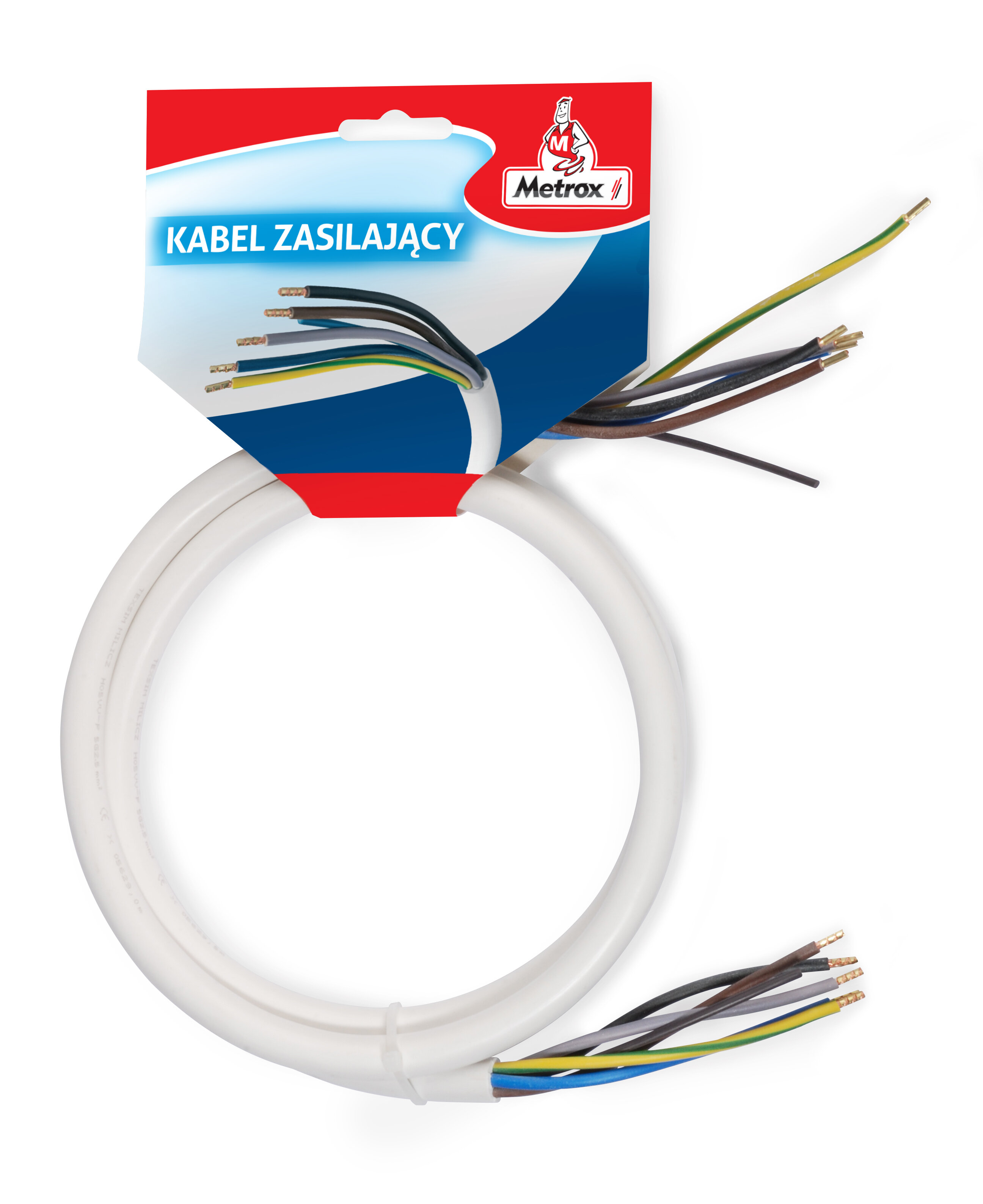 Biała rolka kabla, etykieta Metrox i odcięte przewody z kolorowymi końcami.