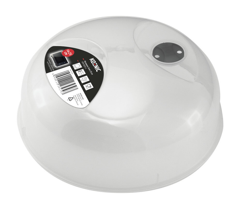 Przezroczysta, zaokrąglona, plastikowa pokrywa do kuchenki mikrofalowej z etykietą. Ma czarny uchwyt i jest na białej powierzchni.