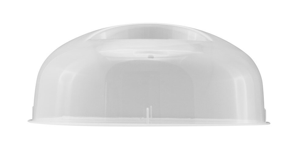 Przezroczysta, biała, plastikowa pokrywa w kształcie kopuły z uchwytem u góry, przeznaczona do zakrywania żywności. Izolowana.