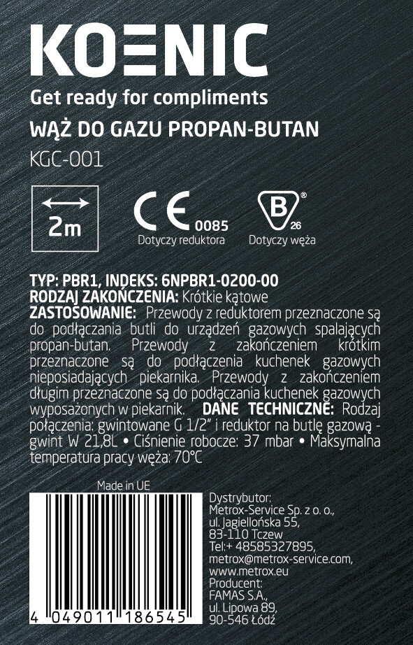 Tekst na etykiecie: Wąż do gazu propan-butan, szczegóły techniczne i informacje producenta.