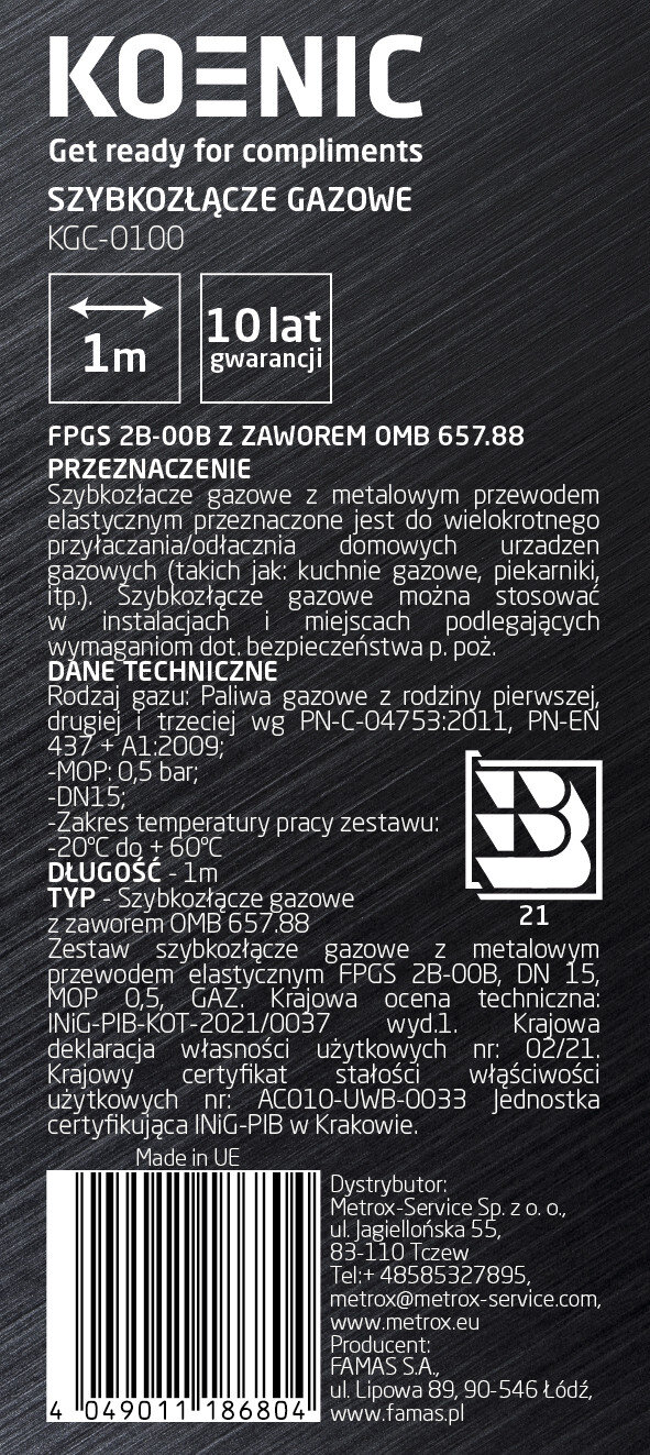 Opakowanie węża gazowego. Tekst i szczegóły techniczne na białym tle.