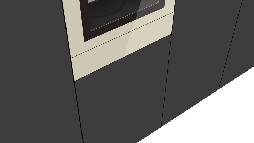 Nowoczesne szafki kuchenne. Ciemnoszare szafki z jaśniejszą beżową ramą wokół ciemnego piekarnika.