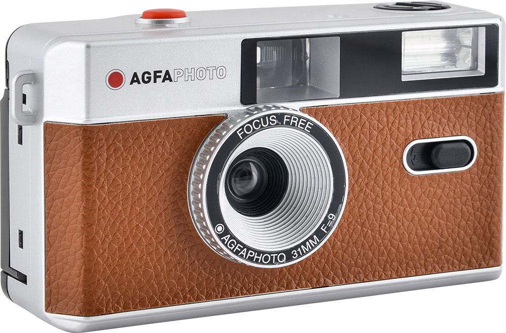 AgfaPhoto vintage camera with brown leather and a silver body.