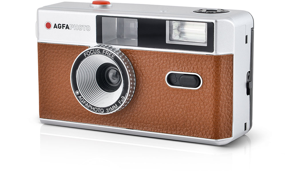 Silver and brown retro camera with the text 'AGFA PHOTO'. It has a brown leather-like finish.
