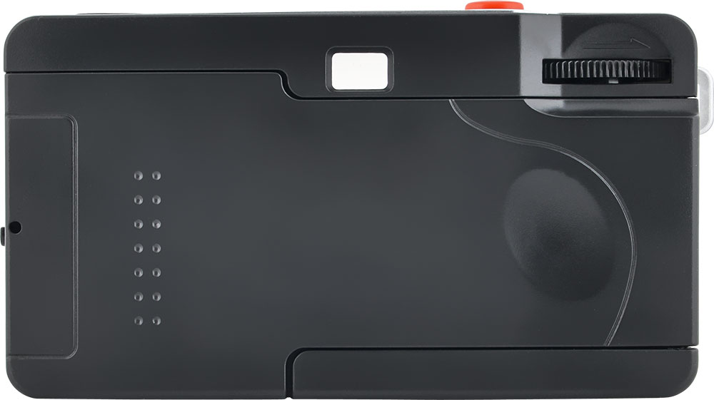 A black camera with a red button, a small viewfinder, and a dial. It has a textured design.