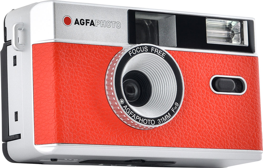 Red and silver vintage camera with the brand name AGFA PHOTO.