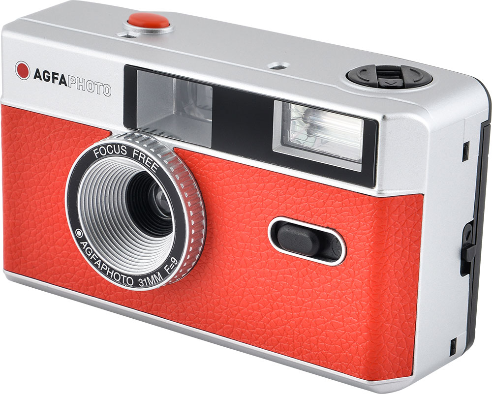 Red and silver AGFA photo camera, with a focus-free lens and flash. The camera is in detail.