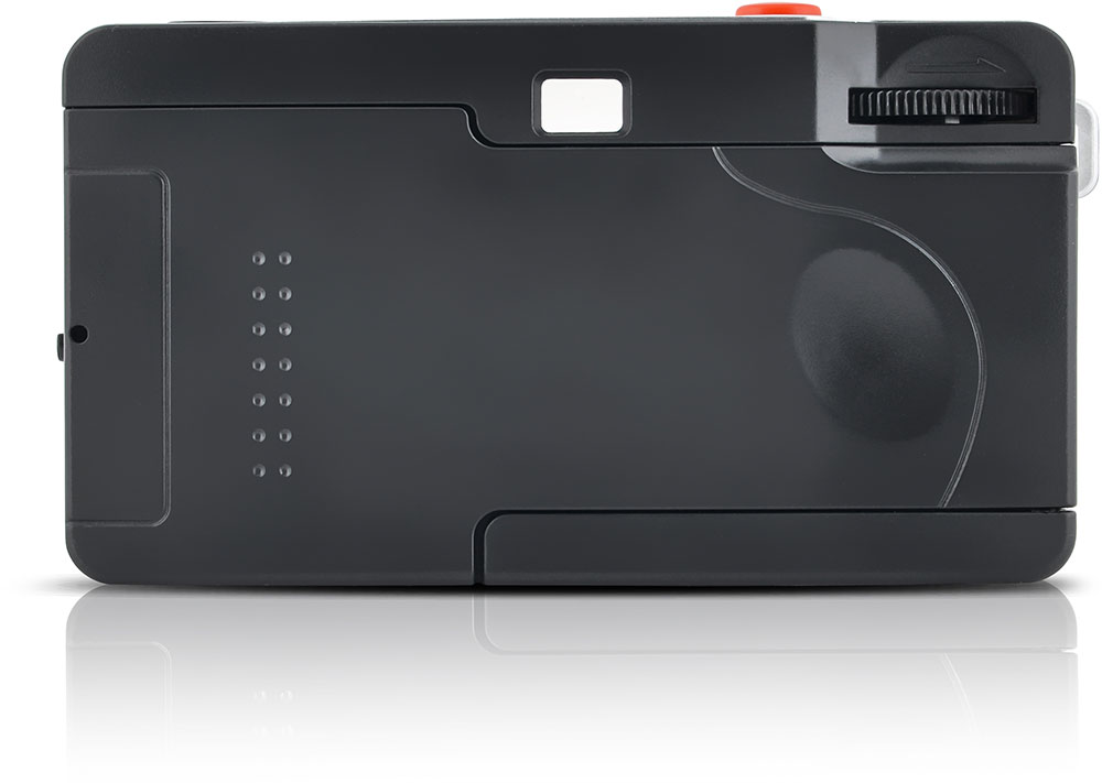 Black camera with a red button on top.