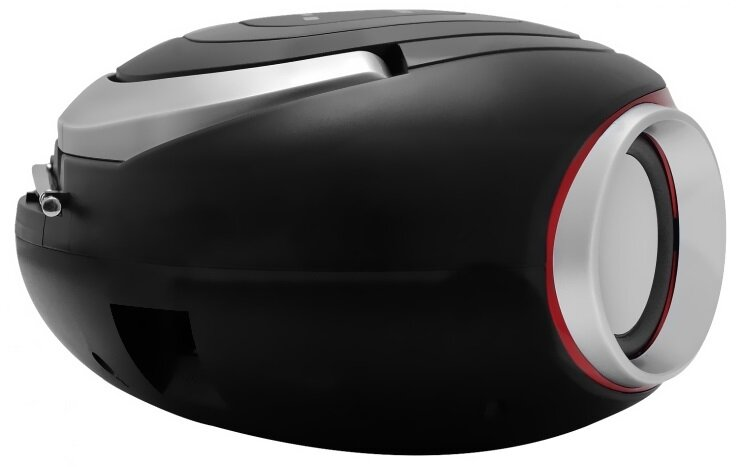 Czarny i srebrny głośnik. Ma okrągły głośnik i mały port.